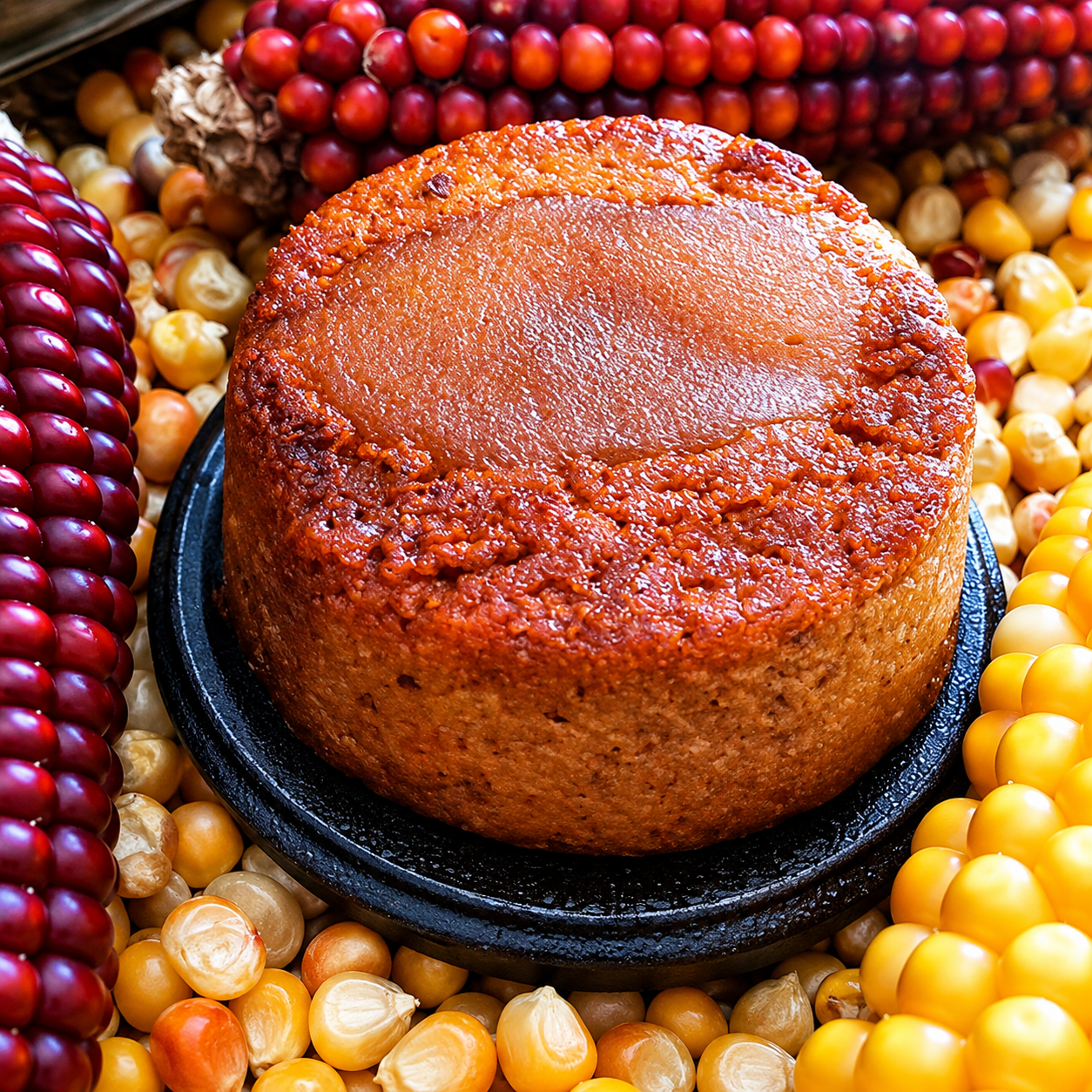 Gâteau rustique entouré de maïs coloré milhassou
