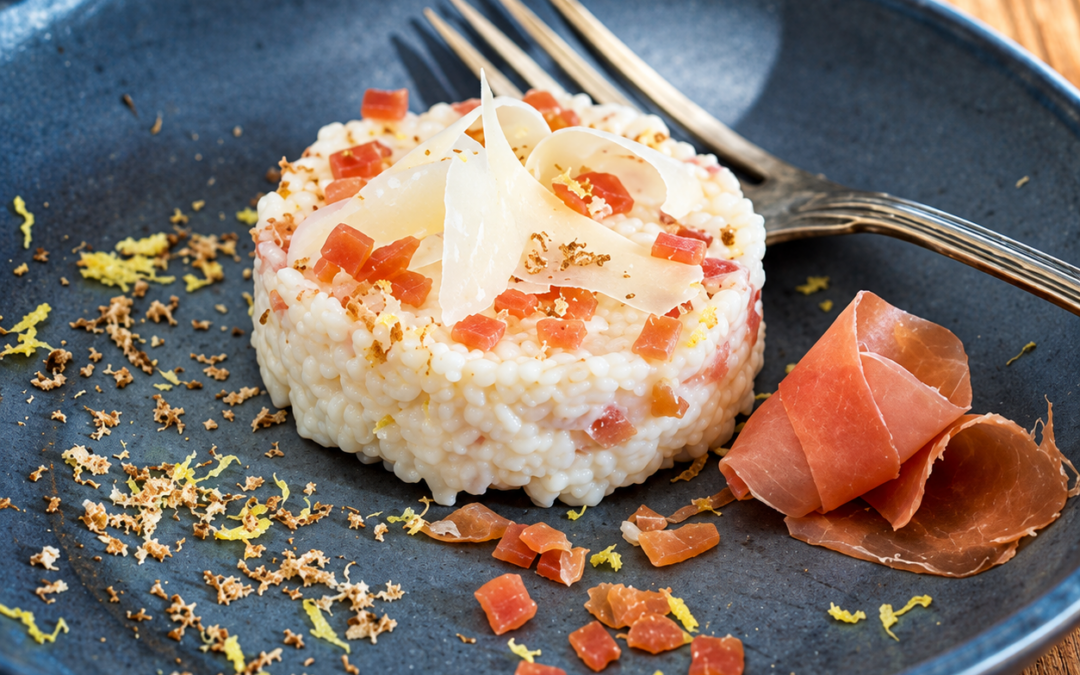La recette de l&rsquo;automne : Jambon de Bayonne, riz rond cuisiné aux châtaignes grillées et ardi gasna